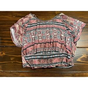 i.JOAH Shirt Blouse Women's Pink Black Aztec Short Sleeve Back Slit Round Neck
